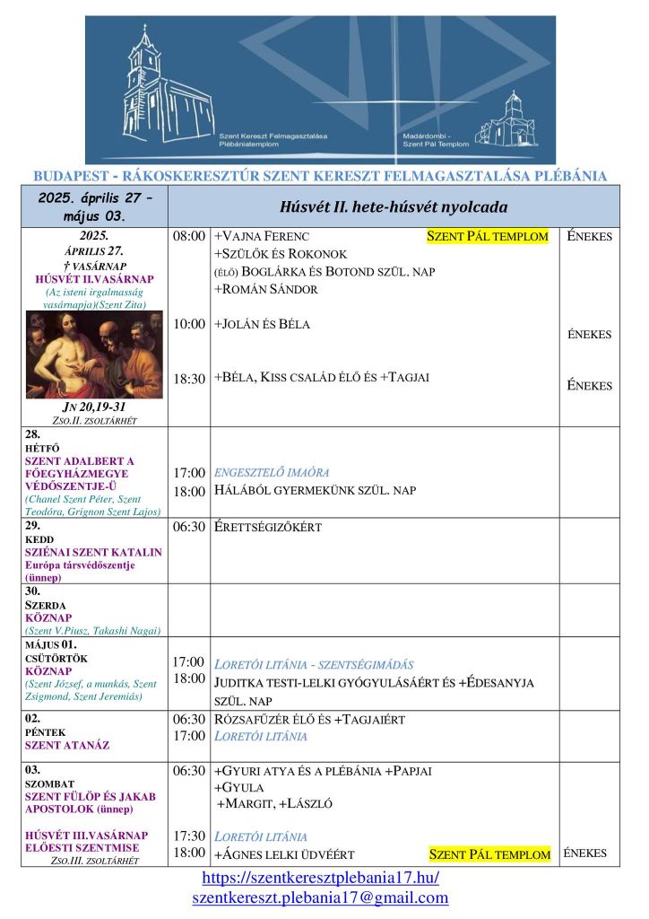 szentmiserend 04.27-05.03.